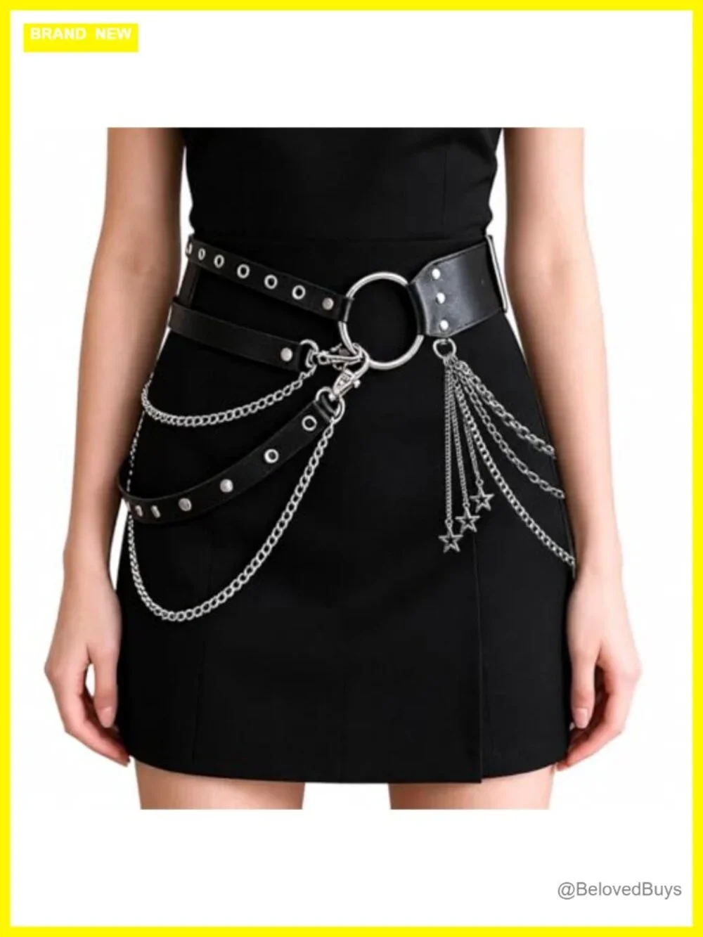PU Leather Studded Belt & Layered Chain Set Punk Y2K Streetwear Accessory